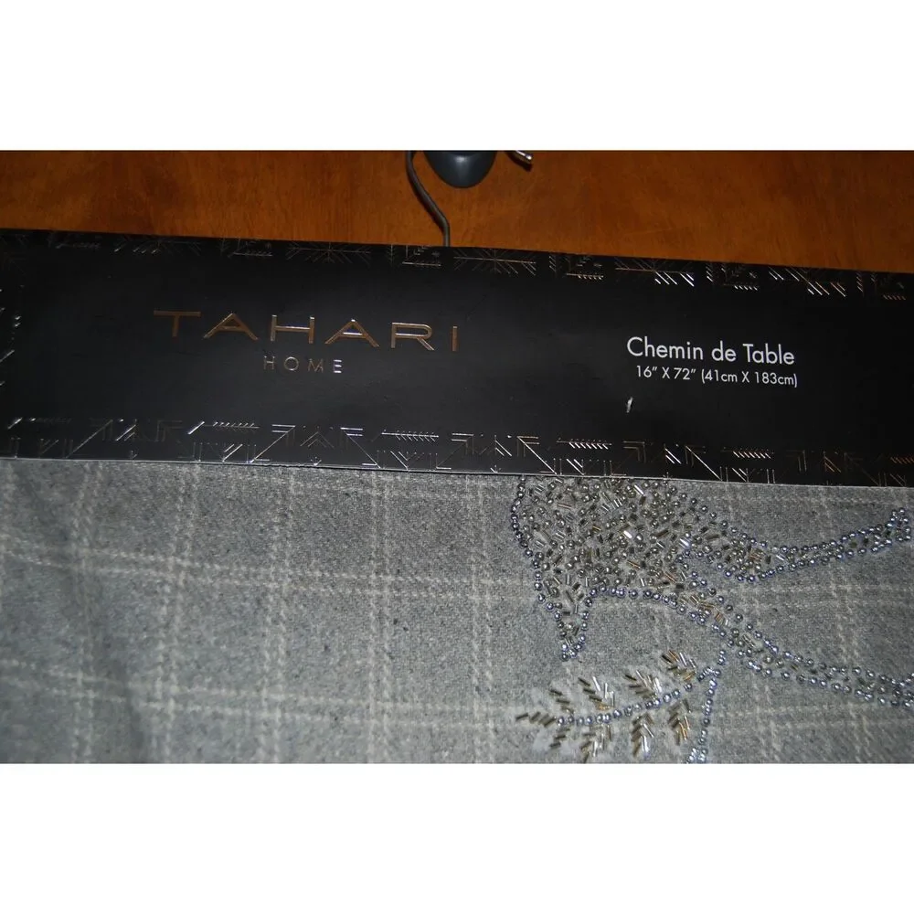 TAHARI HOME GREY PLAID WOOL BLEND TABLE RUNNER W REINDEER BEADING NEW